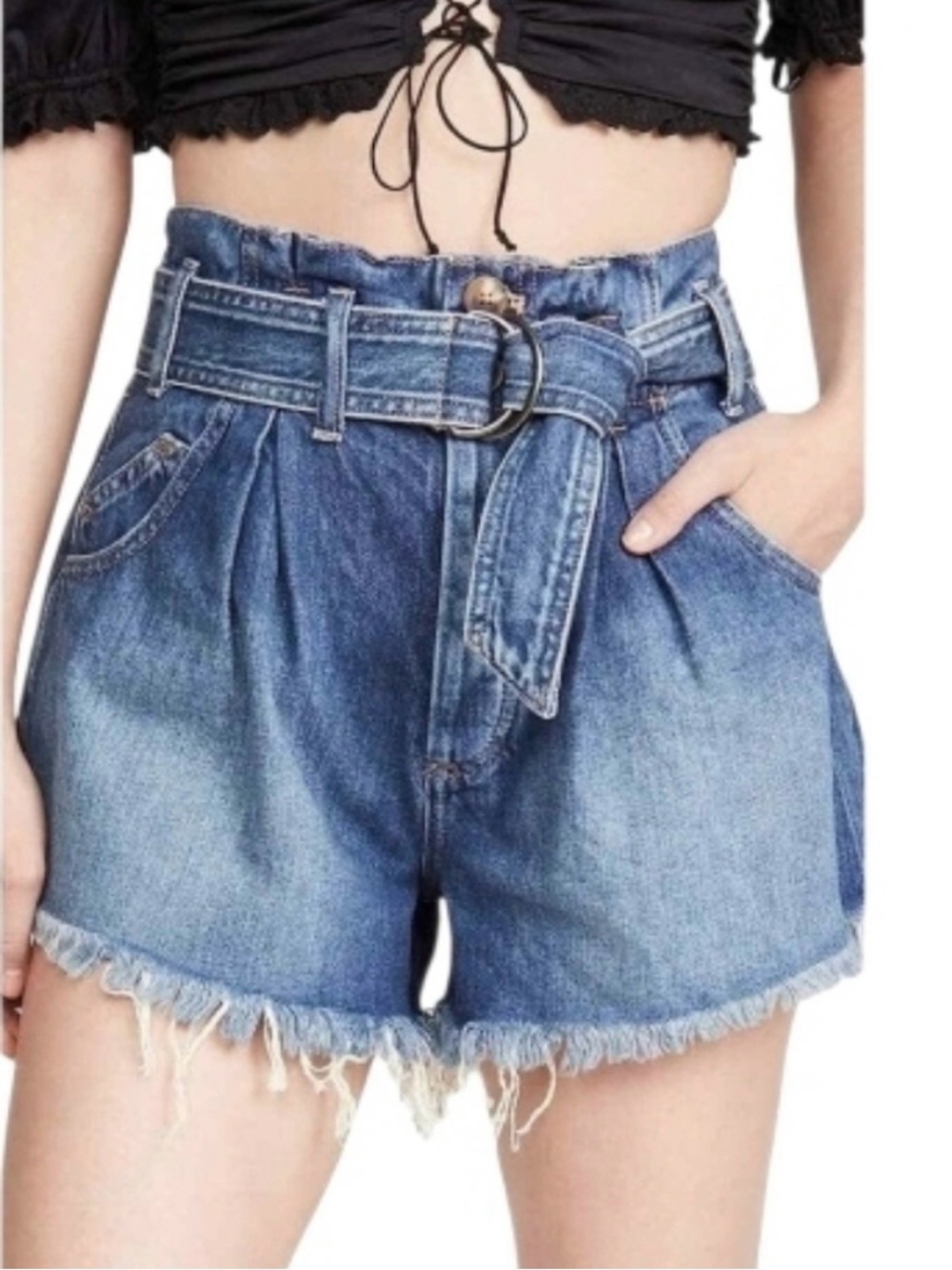 Free People High-Waist Paperbag Denim Shorts with Frayed Hem - Blue. XS